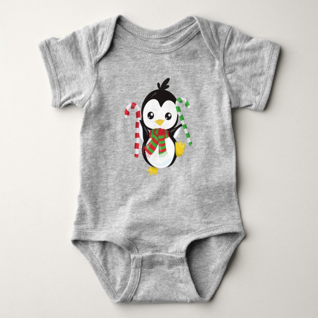 Christmas Penguin, Penguin With Scarf, Candy Cane Baby Bodysuit (Front)