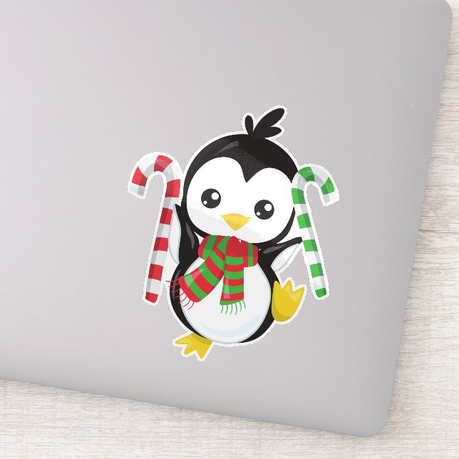 Christmas Penguin, Penguin With Scarf, Candy Cane Sticker (Detail)