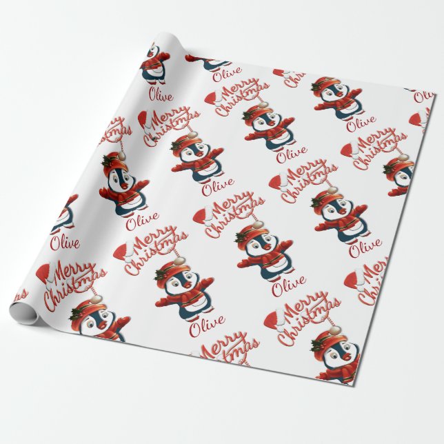 Christmas Penguin | Personalized Wrapping Paper (Unrolled)