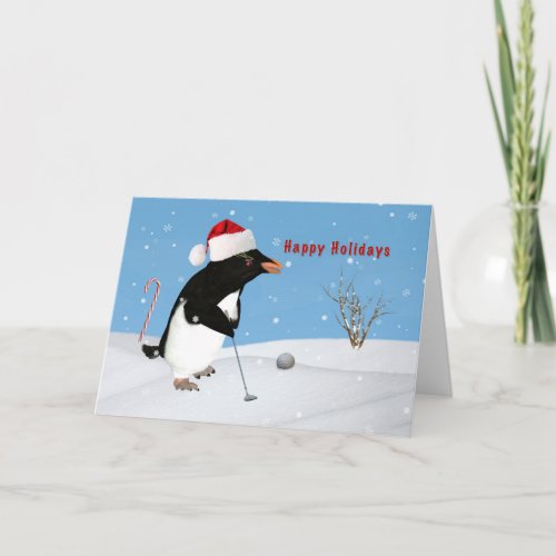 Christmas Penguin Playing Golf Holiday Card