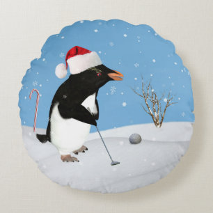 Christmas, Penguin Playing Golf Round Pillow