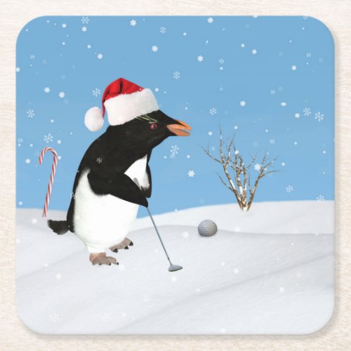 Christmas Penguin Playing Golf Square Paper Coaster