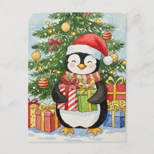 Christmas Penguin Postcard Watercolor Holiday Card