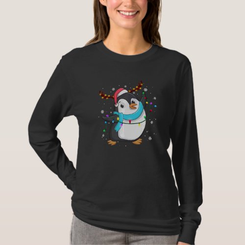 Christmas Penguin Reindeer Santa Hat Lights Xmas T_Shirt
