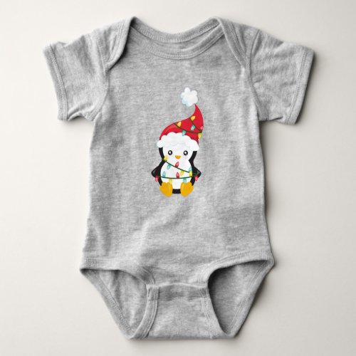 Christmas Penguin Santa Hat Christmas Lights Baby Bodysuit