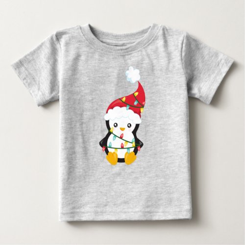 Christmas Penguin Santa Hat Christmas Lights Baby T_Shirt