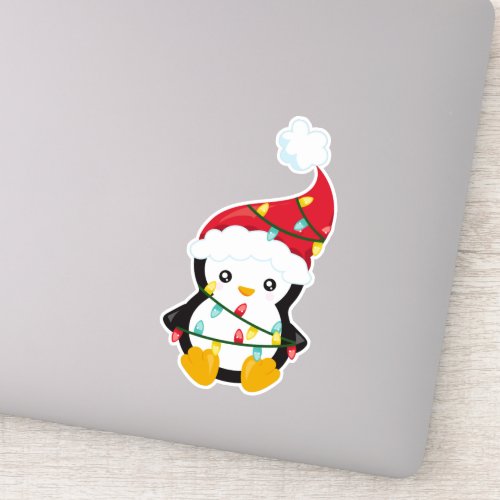 Christmas Penguin Santa Hat Christmas Lights Sticker
