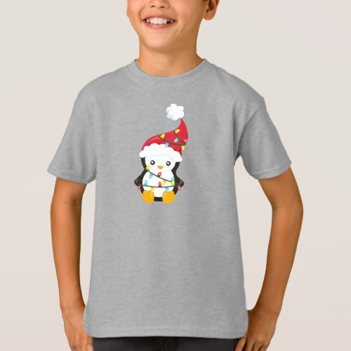 Christmas Penguin Santa Hat Christmas Lights T_Shirt