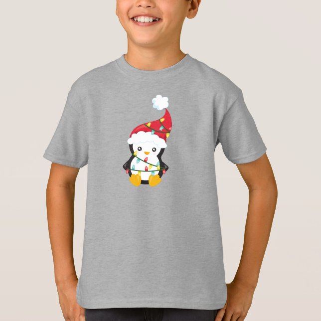 Christmas Penguin, Santa Hat, Christmas Lights T-Shirt (Front)