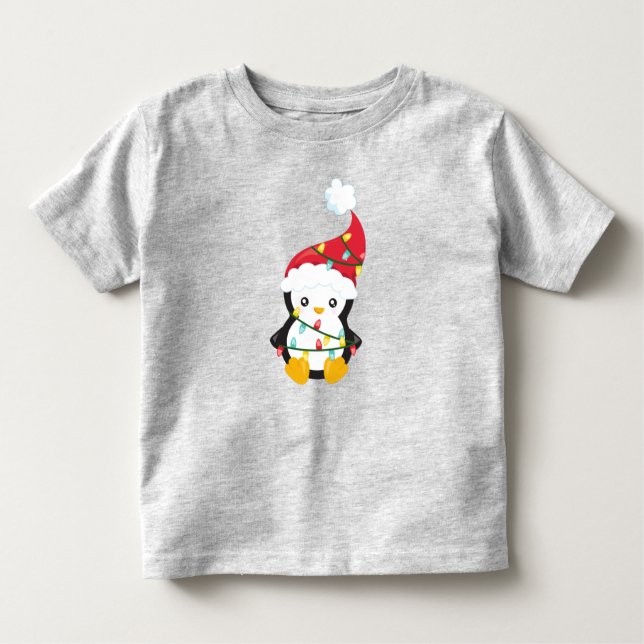 Christmas Penguin, Santa Hat, Christmas Lights Toddler T-shirt (Front)