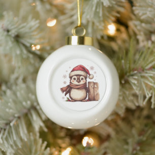 Christmas Penguin Santa Hat Scarf Snowflakes Wood Ceramic Ball Christmas Ornament