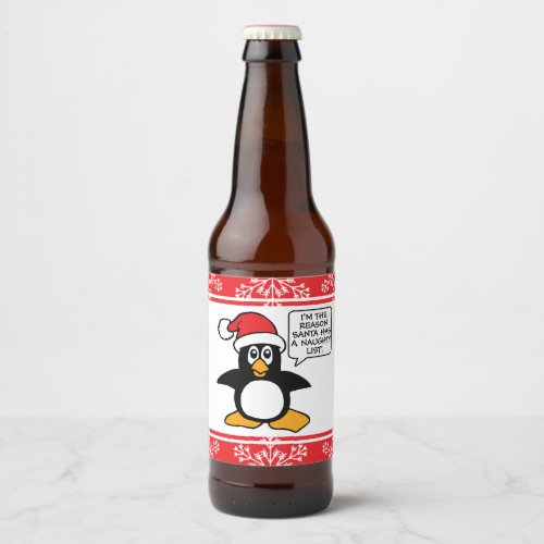 Christmas Penguin Santa Naughty List Beer Bottle Label