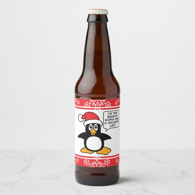 Christmas Penguin Santa Naughty List Beer Bottle Label (Front)