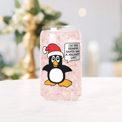 Christmas Penguin Santa Naughty List Can Glass