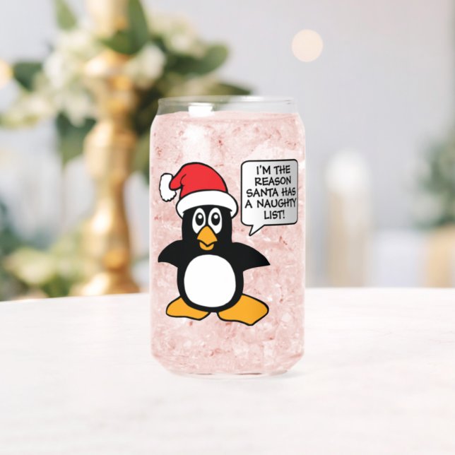 Christmas Penguin Santa Naughty List Can Glass (Insitu (Wedding))