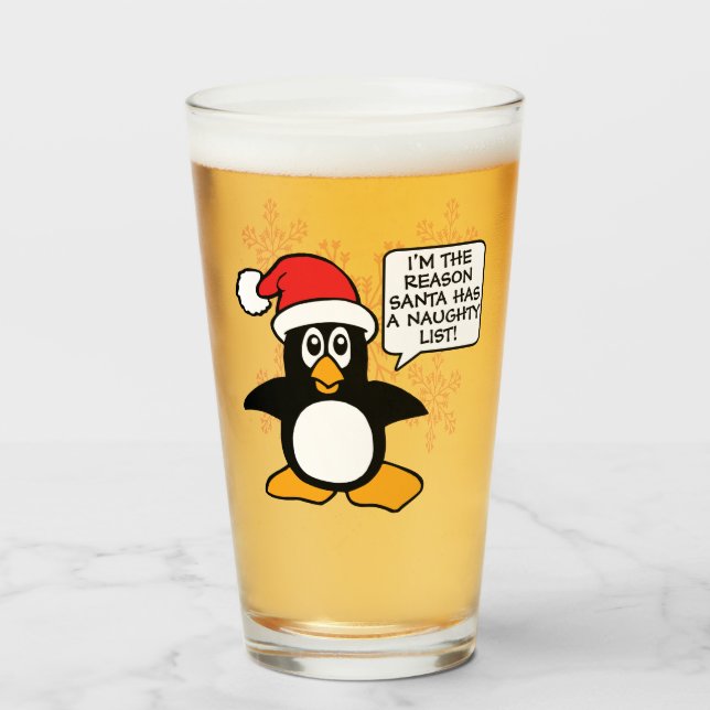 Christmas Penguin Santa Naughty List Glass (Front Filled)