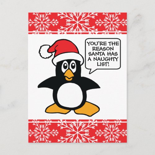Christmas Penguin Santa Naughty List Postcard