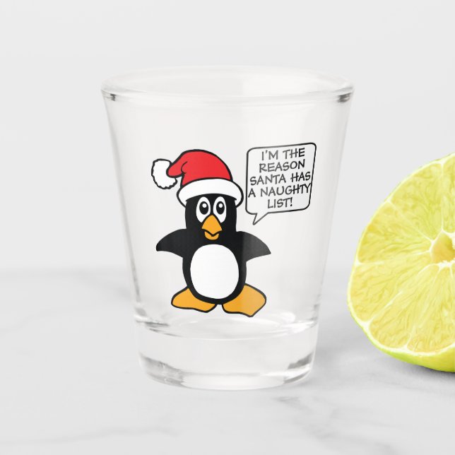 Christmas Penguin Santa Naughty List Shot Glass (Front)