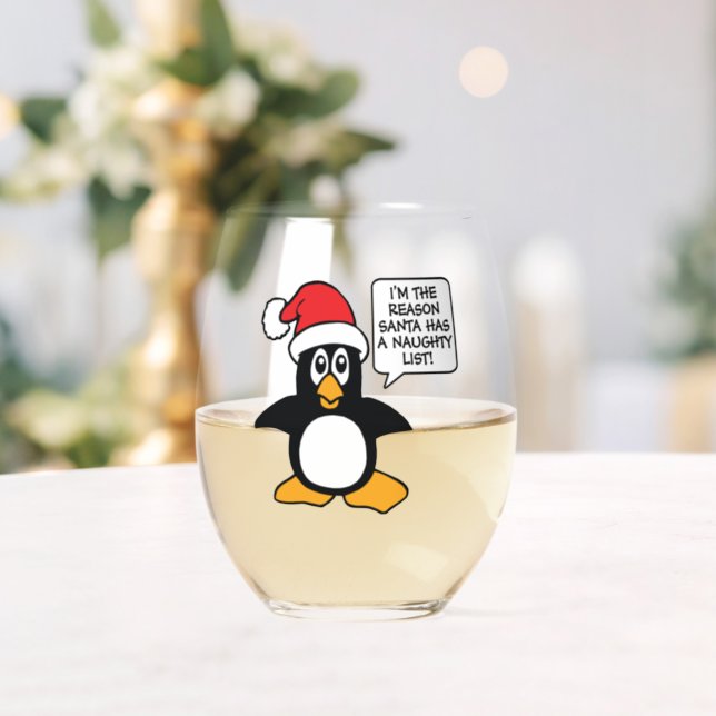 Christmas Penguin Santa Naughty List Stemless Wine Glass (Insitu (Wedding))
