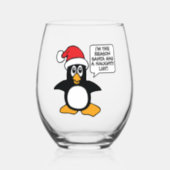 Christmas Penguin Santa Naughty List Stemless Wine Glass (Front)