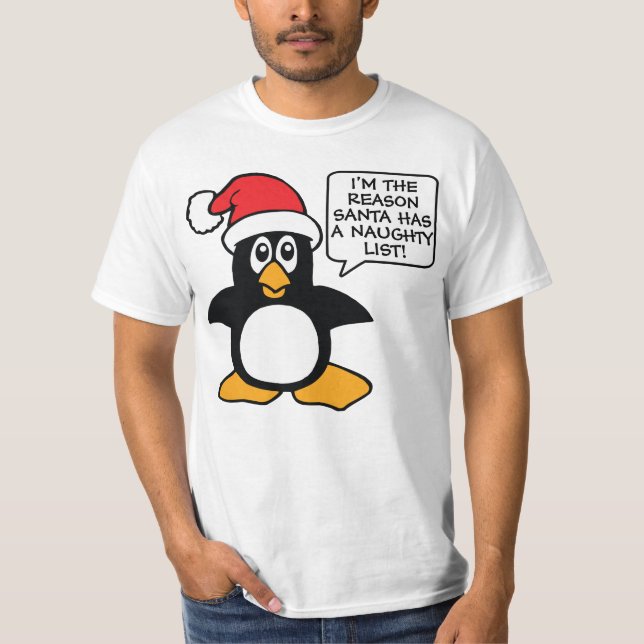 Christmas Penguin Santa Naughty List T-Shirt (Front)