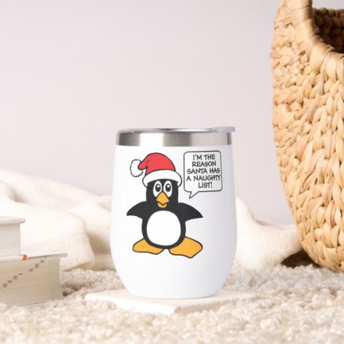 Christmas Penguin Santa Naughty List Thermal Wine Tumbler