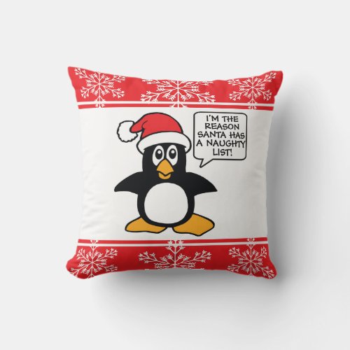 Christmas Penguin Santa Naughty List Throw Pillow