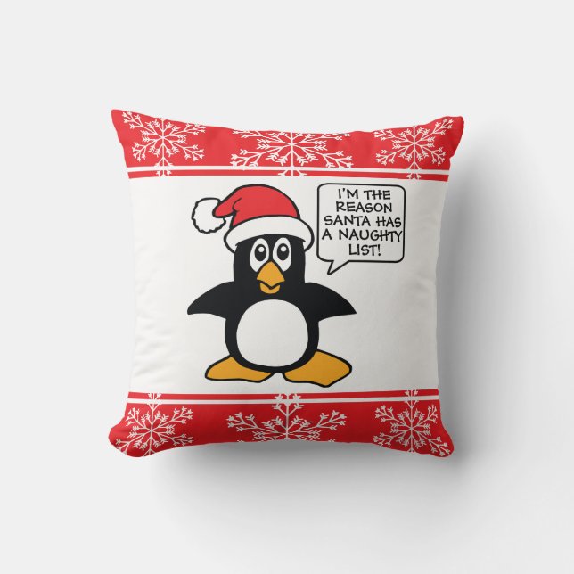 Christmas Penguin Santa Naughty List Throw Pillow (Front)