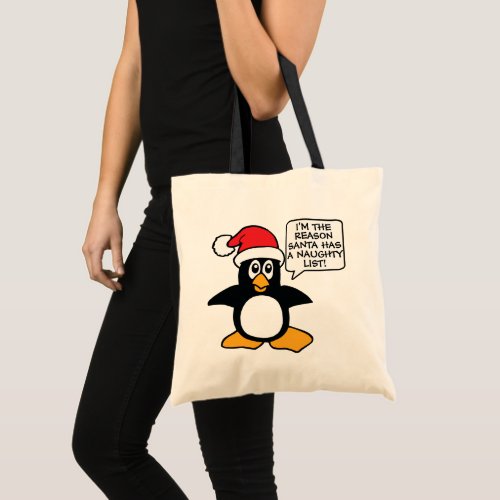 Christmas Penguin Santa Naughty List Tote Bag