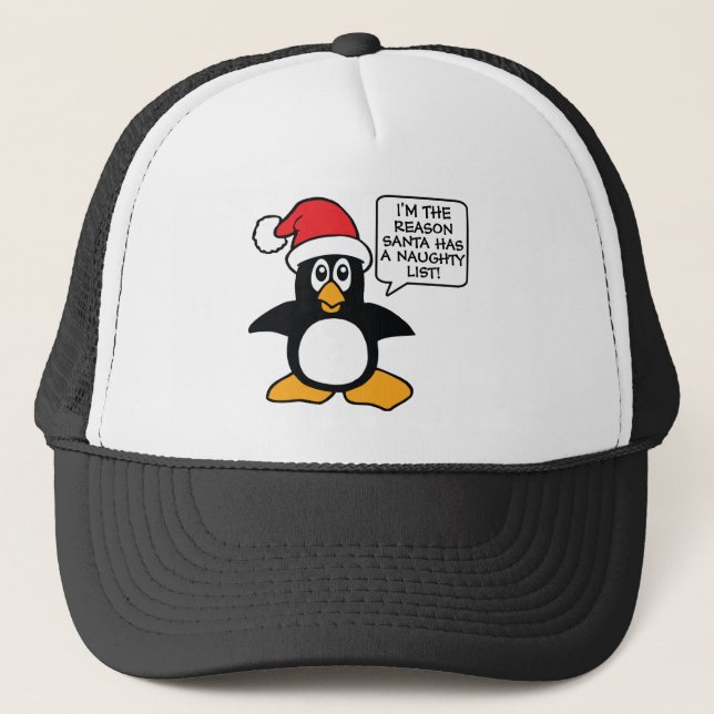Christmas Penguin Santa Naughty List Trucker Hat (Front)