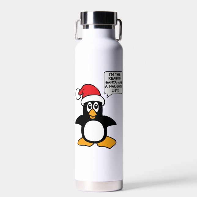 Christmas Penguin Santa Naughty List Water Bottle (Front)