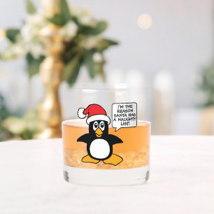 Christmas Penguin Santa Naughty List Whiskey Glass
