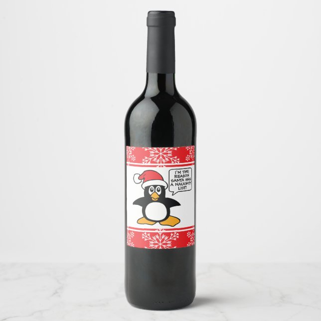 Christmas Penguin Santa Naughty List Wine Label (Front)