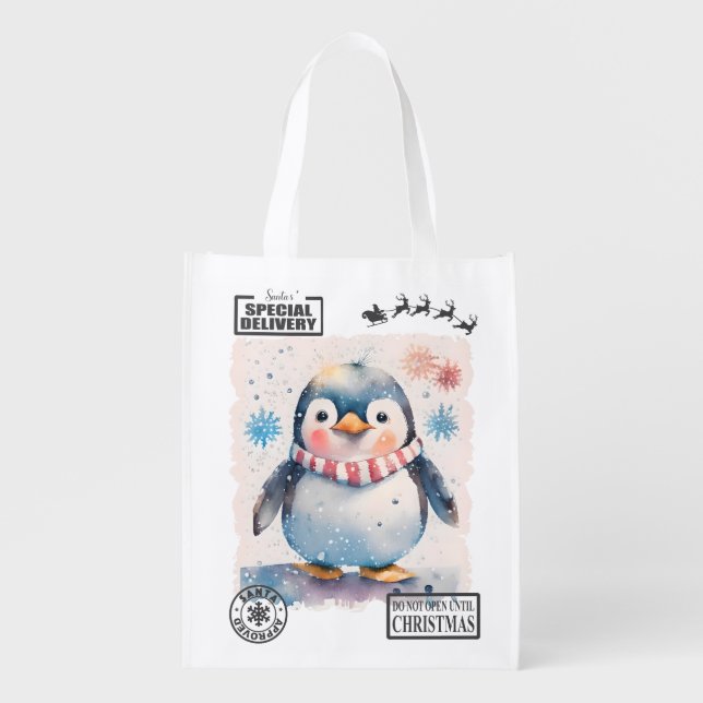 Christmas Penguin Santa Sack Grocery Bag (Front)