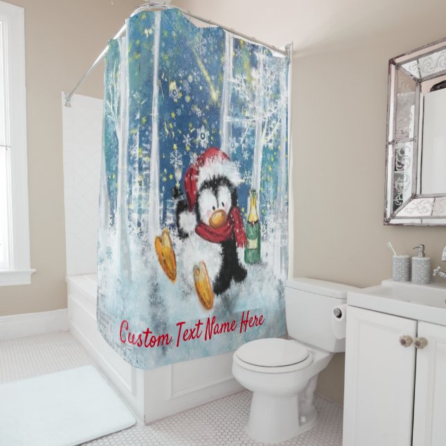 Christmas Penguin Shower Curtain with Custom Text (In Situ)