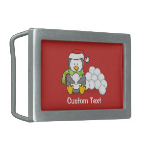 Christmas penguin sitting with snow balls belt buckle