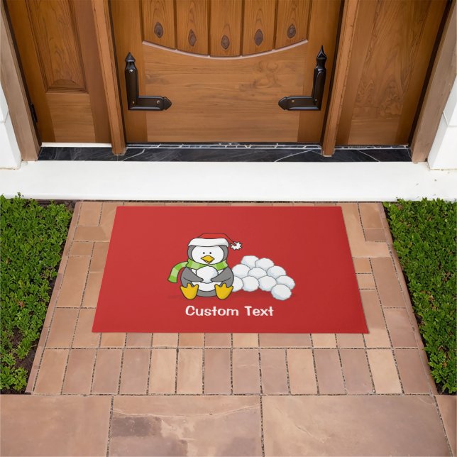 Christmas penguin sitting with snow balls doormat (Outdoor)
