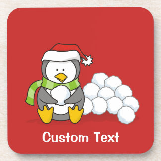 Christmas penguin sitting with snow balls drink coaster