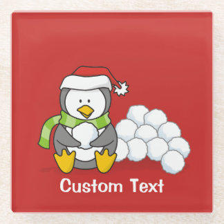Christmas penguin sitting with snow balls glass coaster