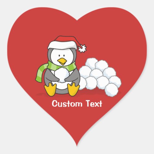 Christmas penguin sitting with snow balls heart sticker