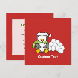 Christmas penguin sitting with snow balls invitation