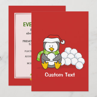 Christmas penguin sitting with snow balls invitation