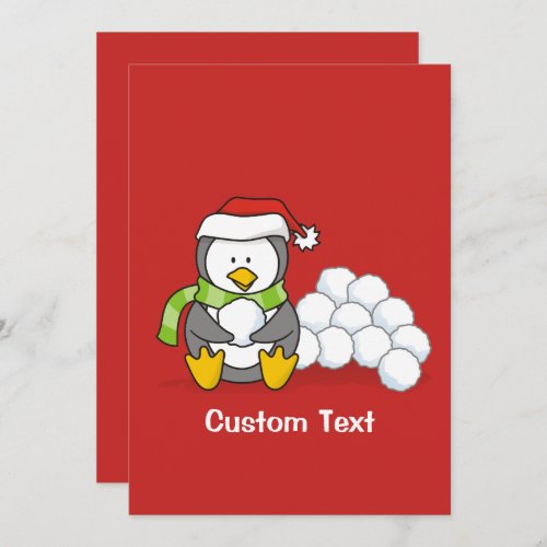 Christmas penguin sitting with snow balls invitation