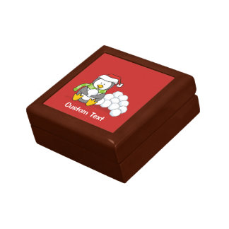 Christmas penguin sitting with snow balls keepsake box