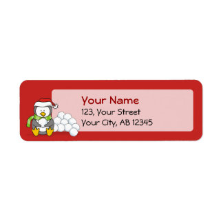 Christmas penguin sitting with snow balls label