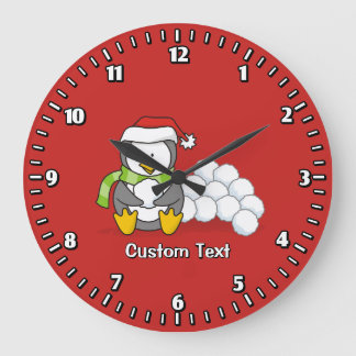 Christmas penguin sitting with snow balls large clock
