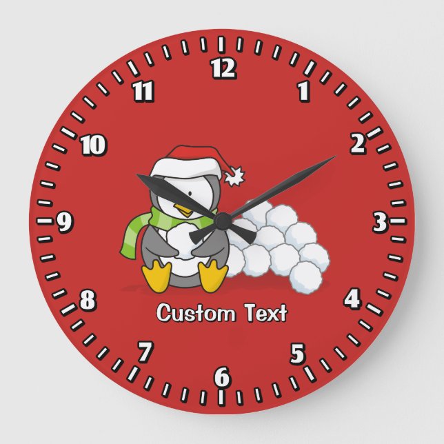 Christmas penguin sitting with snow balls large clock (Front)