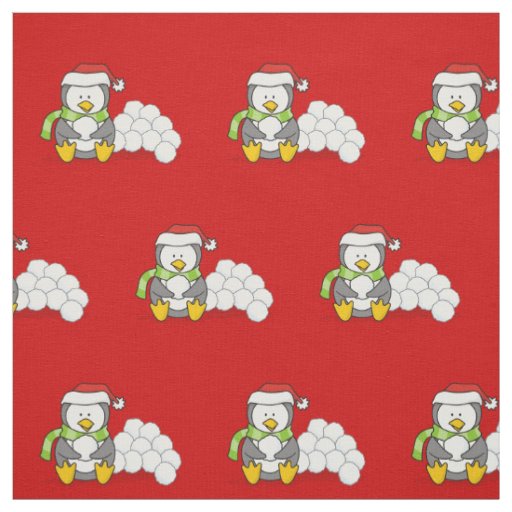 Christmas Penguin sitting with Snow Balls Pattern Fabric