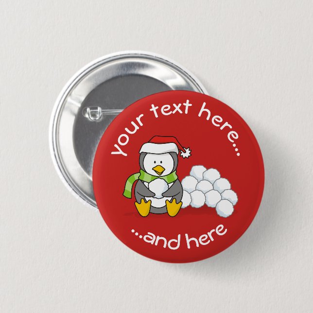 Christmas penguin sitting with snow balls pinback button (Front & Back)