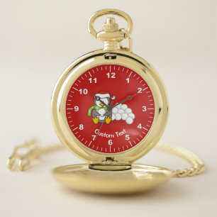 Christmas penguin sitting with snow balls pocket watch